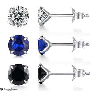 100% SOLID 925 Sterling Silver Round-Cut Solitaire Cubic Zirconia Stud Earrings - Picture 1 of 58