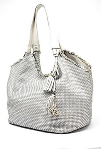 HENRY BEGUELIN "Hand Made" Silver Woven Leather White Strap Tote BAG 12" x 17" - Picture 1 of 12