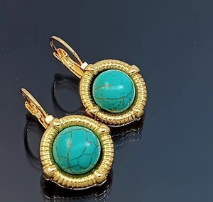 18K Gold Filled Stunning Italian Simulated Turquoise 18ct GF Drop Earrings 25mm - Picture 1 of 9