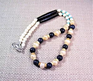 Nice 18" Native American Style Silver Bovine Lapis Pearl Turquoise Necklace F87 - Picture 1 of 4