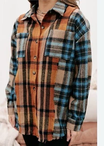 Plaid Shacket Raw Hem Women’s M Front Pockets Collared Fall Winter Bonfire - Picture 1 of 6