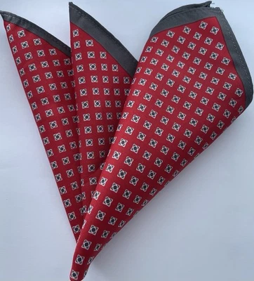 Men’s 10 Inch NEXT Pocket Square, Red Brown Edge, Brown / White Small Geometric  - Image 1 of 4