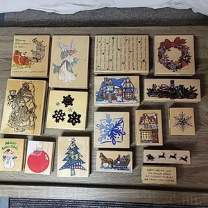 Wood Rubber Stamp Lot Christmas Vintage Inkadinkado Stamps Happen Lot (17) - Picture 1 of 7