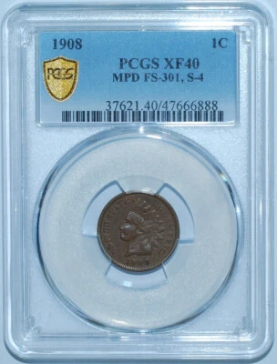 1908 PCGS XF40 FS-301 S-4 MPD Misplaced Date Indian Cent - Image 1 of 3