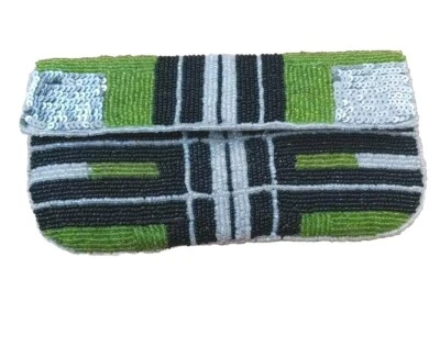 Anthropologie KC Malhan Beaded Sequin Fold Over Clutch Wallet Boho Hippie Green - Image 1 of 4