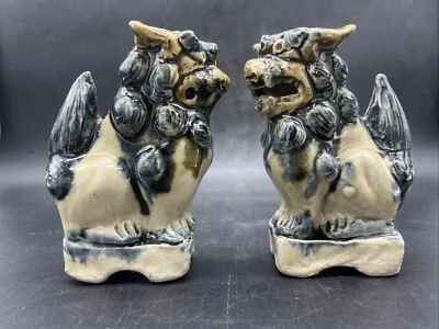 Par de argila vitrificada vintage Foo Dog 4,5 polegadas de altura - Imagem 1 de 4
