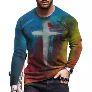 T-Shirt Men Long Sleeve Fashion Cross Print Tee Shirt USA Casual Activewear Tops - Picture 1 of 1