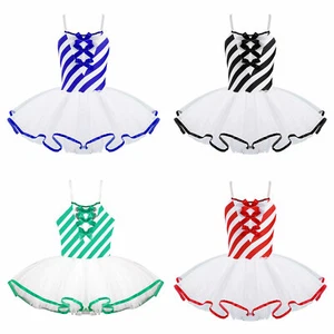 UK Kid Girls Fancy Dress Costume Stripe Print Mesh Tutu Leotard Ballet Dancewear - Picture 1 of 49