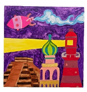 World Traveler Painting on 7x7 Canvas, Original Art Hand painted Acrylics & Oils - Picture 1 of 6