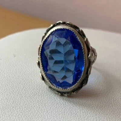 VINTAGE 925 STERLING SILVER LARGE SAPPHIRE COBALT BLUE GLASS RING - Image 1 of 4
