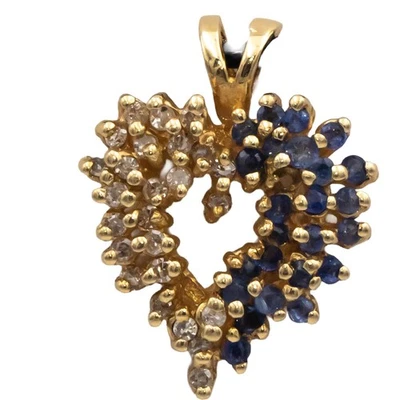 14k Yellow Gold Diamond and Sapphire Heart Cluster Pendant Necklace 0.63CT - Image 1 of 4