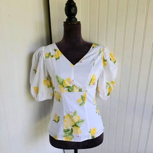 Rachel Parcell Smocked Top White Yellow Lemons Puff Sleeve Cotton Blend Sz XS - Picture 1 of 16