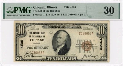 1929 CHICAGO $10 National Bank Of REPUBLIC Charter #4605, PMG 30, Fr.1801-1 - Image 1 of 2