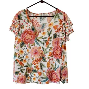 Rachel Zoe Floral Ruffle Sleeve V-neck Top Womens Plus Size 1X - Picture 1 of 3