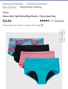 Hanes Period Girls Boyshort 4-Pack Underwear Leaks Comfort Tagless Assor sz 8-18 - Picture 1 of 3