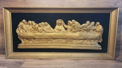 Meados do século "A Última Ceia" emoldurado giz alívio veludo incrustado 35x16,5" - Imagem 1 de 4