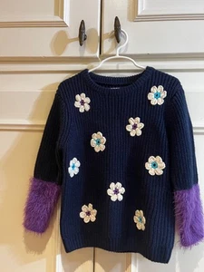 Hatley size 4 girls navy sweater with white flowers and purple puffy sleeves - Picture 1 of 3