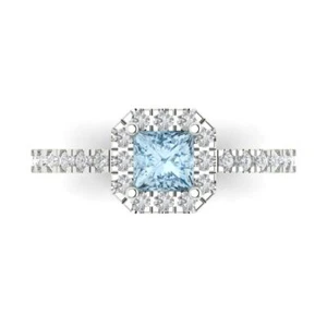 Anillo de compromiso con halo de oro blanco de 14K para mujer, diamante azul simulado de 0,89 quilates - Imagen 1 de 11