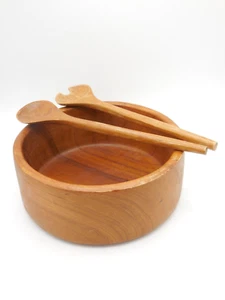 Servizio insalatiera e forchetta cucchiaio vintage legno duro teak set 3 pezzi 10" - Foto 1 di 9