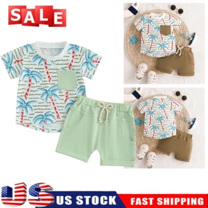 Baby Casual Clothes Set Boy Girl Cartoon Print Short Sleeve Tops+Shorts Outfits - Picture 1 of 28