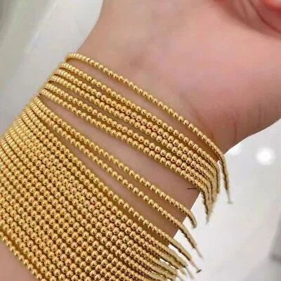 Pure 18K Yellow Gold Chain Women 2mm Glossy Round Beads Link Bracelet 6.3inch - Image 1 of 4