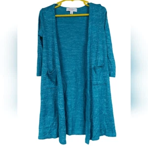 LuLaRoe Kids Sariah Cardigan Turquoise Heather Full Length Pockets Knit Sweater - Picture 1 of 7