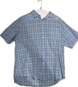 Alan Flusser Mens Shirt  Large Linen Cotton Light Blue Short Sleeve Pocket - Picture 1 of 2