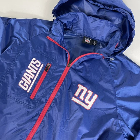 NY Giants Full Zip Windbreaker Rain Jacket Removable Hood Size M Blue NFL Men’s Cover