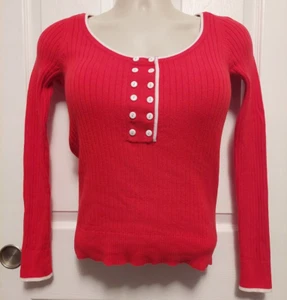 Moda International Womens Long Sleeve Top Red White Button Accent Size M Sailor - Picture 1 of 11