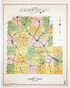1941  STEUBEN  County NEW YORK Map ORIGINAL (20x16) RAILROADS  TOWNSHIPS - Picture 1 of 3