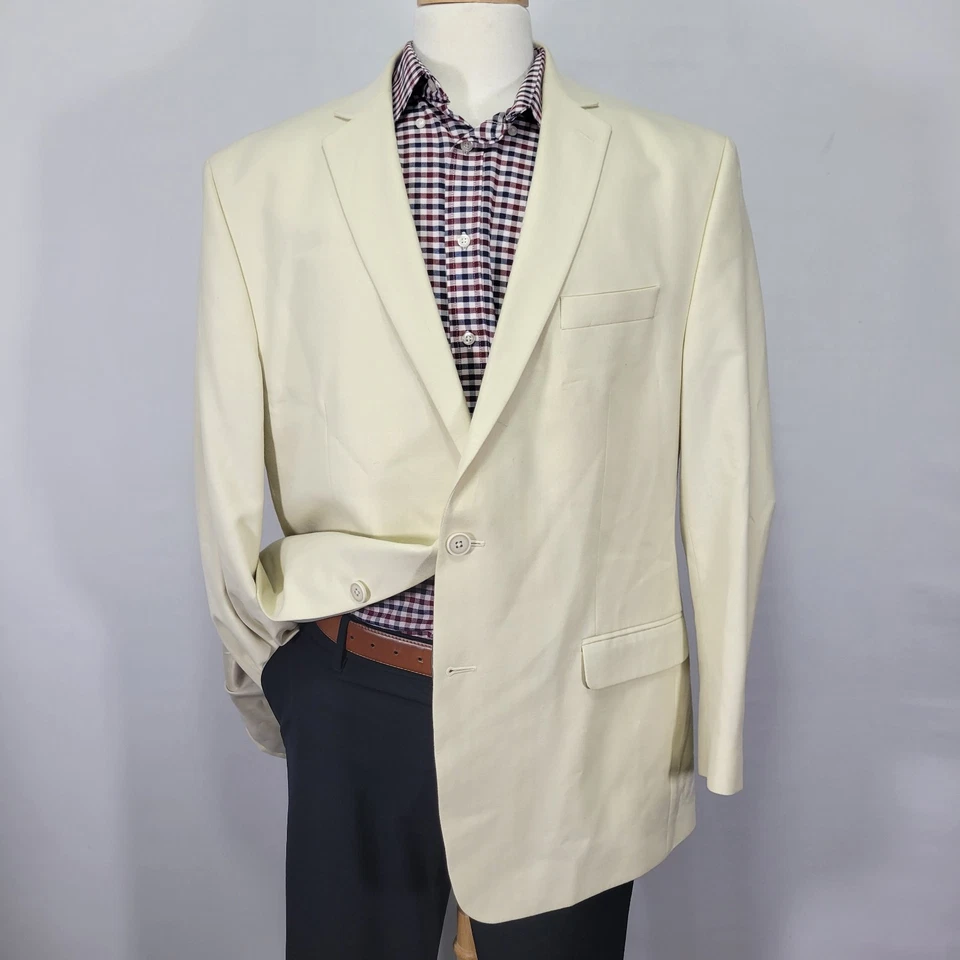 Casaco esportivo masculino Van Heusen blazer dois botões bege espinha de peixe mistura poli 48R - Imagem 1 de 4