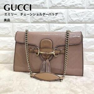 Authentic GUCCI Emily Shima patent chain shoulder bag leather beige from japan