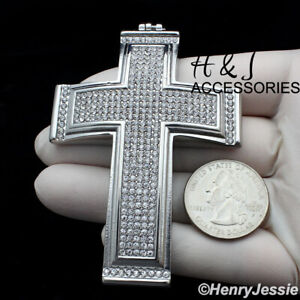 MEN STAINLESS STEEL ICY BLING CZ SILVER 3D OVERSIZE CROSS PENDANT*AIP20