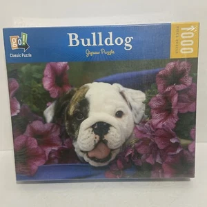 Bulldog Jigsaw Puzzle 1000 Piece New In Unopened Box Family Fun Puppies Flowers - Picture 1 of 3