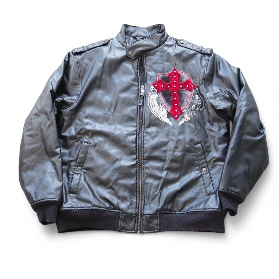 Chaqueta Bomber Azul Crudo Vintage Y2K "Royal Dignity-Cross" Cuero Sintético Para Hombre XL Foto 1 de 4