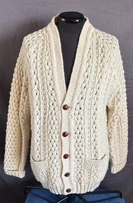 Cardigã suéter masculino pescador lã cabo malha vovô Irlanda grande vintage - Imagem 1 de 4