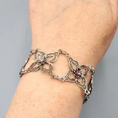 Estate European 800 Silver Pink Crystal Butterfly Filigree Bracelet 7.25" 10.2g - Image 1 of 4