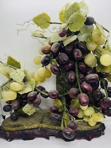 Large Vintage Carved Wood, Alabaster & Jade Stone Grapevine Sculpture - Picture 1 of 6