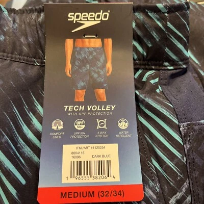 Speedo Tech Volley Swim Shorts Mens Medium Lined UPF 50+ Dark Blue Stretch Trunk - Image 1 of 4