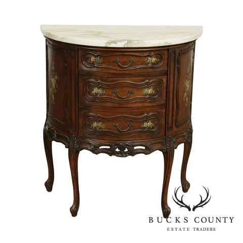 F L XV Style Vintage Demilune Marble Top Walnut Commode, Floral Paint Decoration Cover