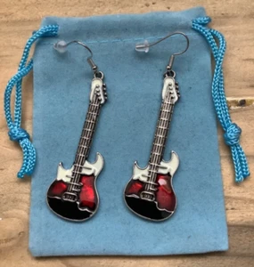 Lovely Guitar Enamel And Metal Earrings - Picture 1 of 3