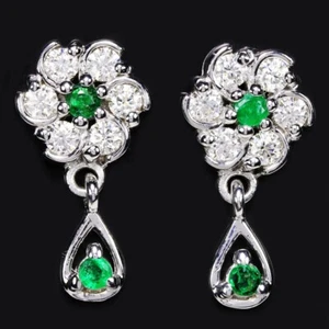 925 STERLING SILVER EARRING NATURAL GREEN EMERALD ROUND & WHITE CZ GEMSTONE - Picture 1 of 6