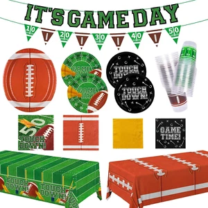 Football Party Supplies Kit for 24 - Plates, Cups, Napkins, Banner & Tablecloth - Picture 1 of 7