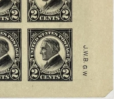 611 (2c Harding) - PIEZA ENORME POSICIÓN ESQUINA con INICIALES en BLOQUE de 4 - ¡WoW!! Foto 1 de 4