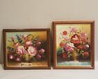 Lot de 2 petites peintures à l'huile florale vintage sur cadre bois/bois bordure dorée