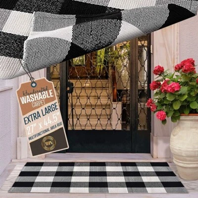 Alfombra a cuadros Buffalo Check - 27"x44" blanco y negro, ideal para uso en interiores/exteriores Foto 1 de 4