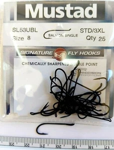 MUSTAD SL53UBL Size:8 " SALMON SINGLE " STD/3XL Qty 25 Fly Tying Hooks - Bild 1 von 2