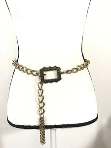 Women's Chain Belt One Size Gold VTG Tassel Victorian Style Floral Frame Buckle - Picture 1 of 11