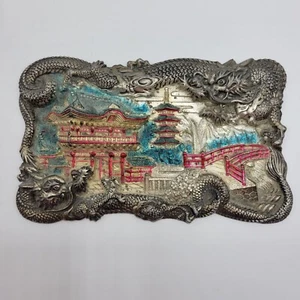 Targa rettangolare metallo scenico drago giapponese asiatico vintage ponte pagoda - Foto 1 di 11