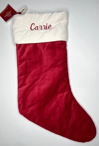 POTTERY BARN CLASSIC VELVET CHRISTMAS STOCKING *CARRIE* RED IVORY NEW MEDIUM NWT - Picture 1 of 2